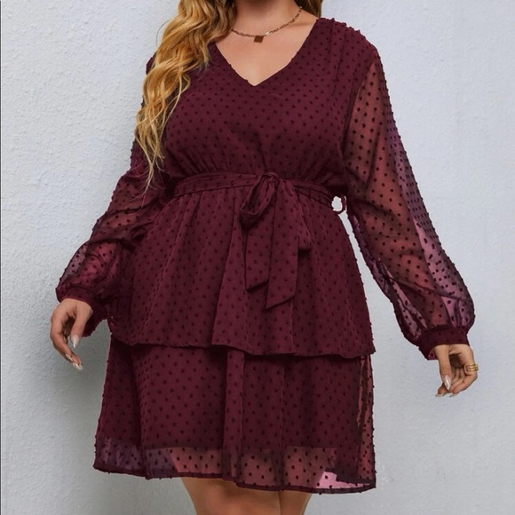 Blue plus size bishop sleeve ruffle hem belted mini dress - Picture 10 of 16